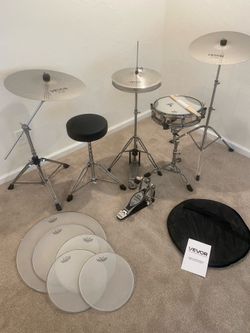 Complete drum set hardware with new quiet cymbals Remo Touchmaster 13 piccolo snare throne Remo powerstock mesh heads stands stick key $275 cash 2401 