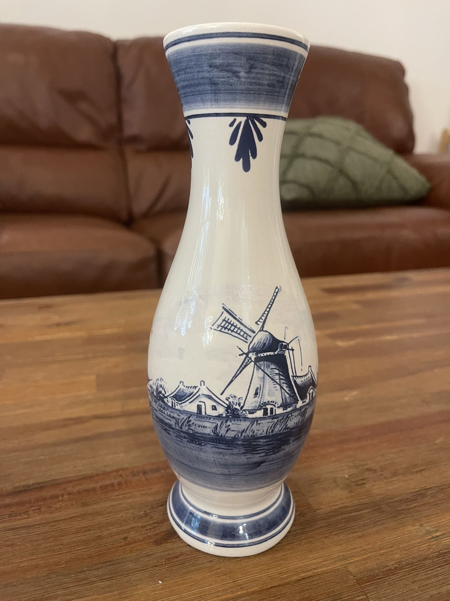 Delft Blue Flower Vase W/ Windmill And Florals
