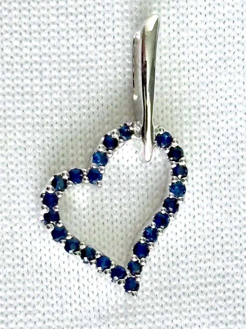 Genuine Blue Sapphire pendant , Heart pendant, 14k white gold 0.16 Carats
