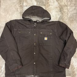 Carhartt Washed Duck Bartlett Hooded Jacket Mens 2XL Dark Brown Sherpa Lined