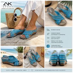 AK Anne Klein Sport Wedge Sandals 9M Y2K Blue Silver Stretch Criss Cross Comfort