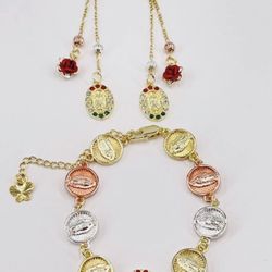 Virgin of Guadalupe gold plated Bracelet and Earrings/.          Pulsera y Pendientes Virgen de Guadalupe bañados en oro