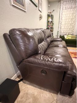 Ashley Genuine Leather Dual Power Reclining Sofa – Brown – Excellent Working Condition