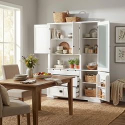 1 White Kitchen Pantry Cabinet, Traditional Shaker Style, MDF Durable Storage with Drawers & Adjustable Shelves, Freestanding for Modern Homes, Large 