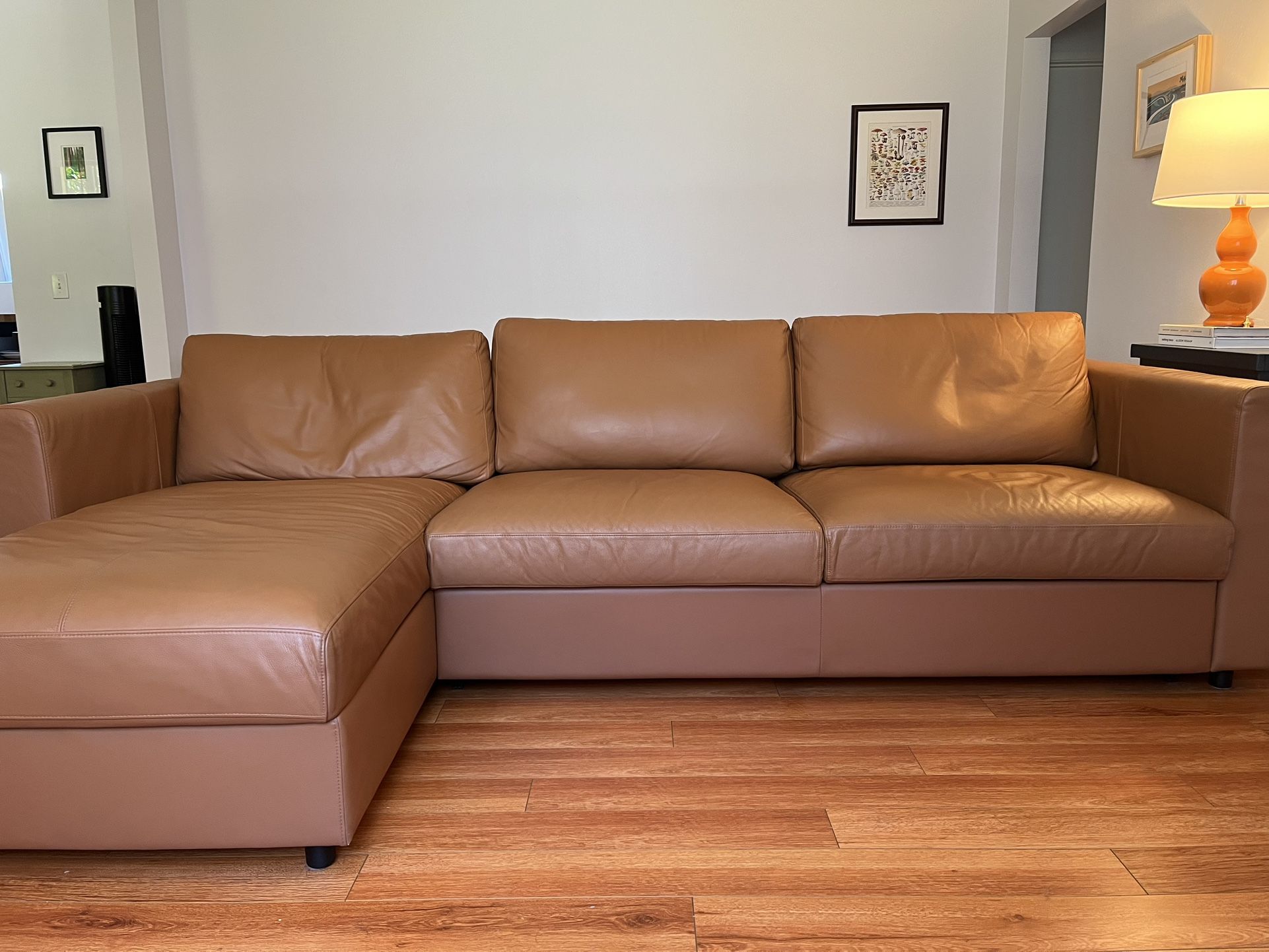 Brown leather sectional couch with pullout bed (IKEA Finnala)