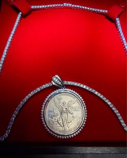 1985, 1 Ounce Mexican Libertad silver coin + 22 inch Lab Grown Tennis Chain + Silver Bezel with Diamonds