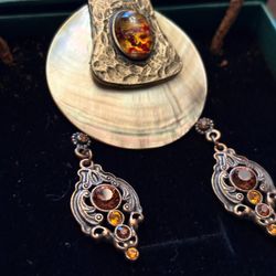 Vintage Artisanal Mother of Pearl Pendant Cord Necklace Rhinestone Earrings Set