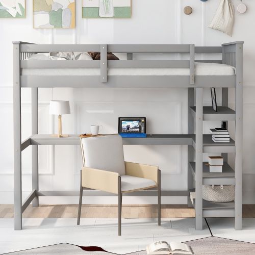 NEW Gray Twin Size Loft Bed with Storage Shelves and Under-Bed Desk
