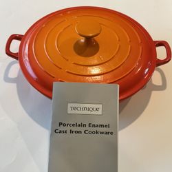 Technique Orange Enameled Cast Iron Pan Lid Casserole Vintage 12:25” Never Used!