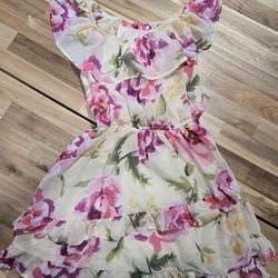 Girls Pastel Yellow Spring Dress With Pink Rose Pattern And Ruffeled Hem Size 7/8
