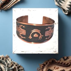 Vintage Copper Cuff Bracelet w Buffalo Dancer & Rainbow Yei Design 