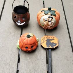 HALLOWEEN PUMPKINS CANDLE HOLDERS AND A  PLANT SIGN BLACK CAT CROSSING 