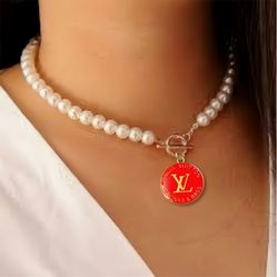 Vintage White and Red Cultured Pearl Toggle Louis Vuitton Necklace