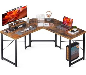L-Shaped Corner Desk w/ Monitor Stand – Rustic Brown