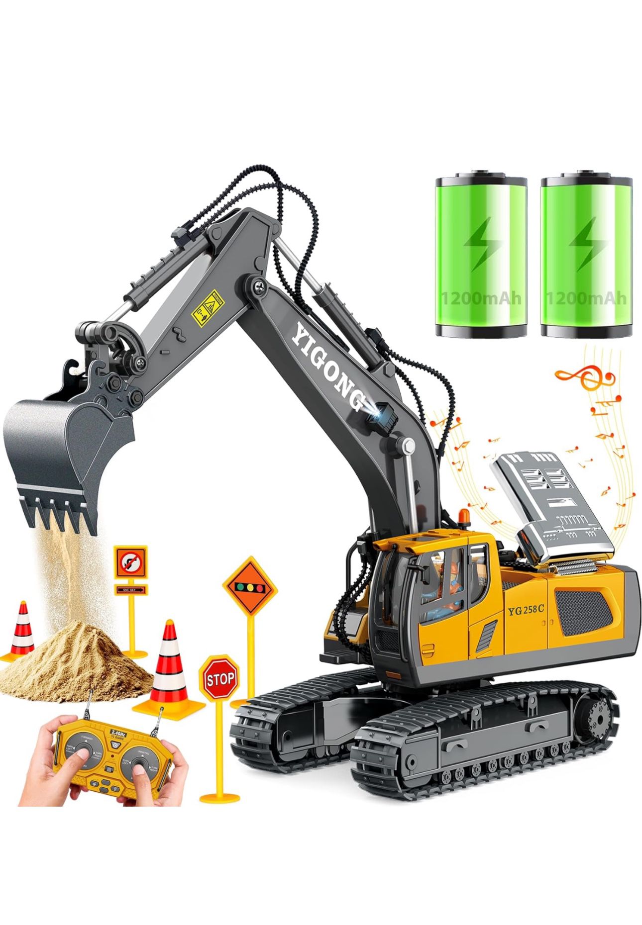 Remote Control Excavator Toys for Boys 3-5 year old, 680-degree Turns with 2 Batteries, Metal Shovel, Roadblock sign, Lights & Sounds, Construction RC