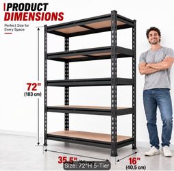 5 tier storage shelves, 72" h x 35.55" w x 16" d metal heavy duty garage shelving unit, adjustable utility rack shelf for basement pantry closet shelv