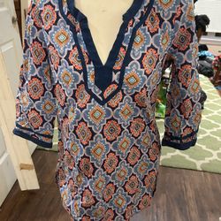 J Crew Geometric Medallion Print Tunic Top Blouse Size M Beach Blue