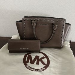 Michael Kors Selma Stud Top Zip Satchel CINDER saffiano leather bag w/ wallet