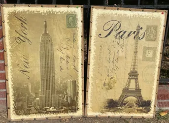 BURLAP ART OVER WOOD FRAME EMPIRE STATE BUILDING NYC-EIFFEL TOWER PARIS 35"x24"