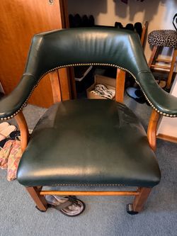 Set of 2 Green Leather Arm Chair with Nailhead Trim