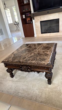 Beautiful Ornate Carved Wood & Marble Table Set – 3 Piece