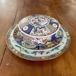 Stunning Antique Hand Painted Gilded Gold 3 piece Japanese Imari Express Ware Fine China Floral Tea Plates Covered Bowl