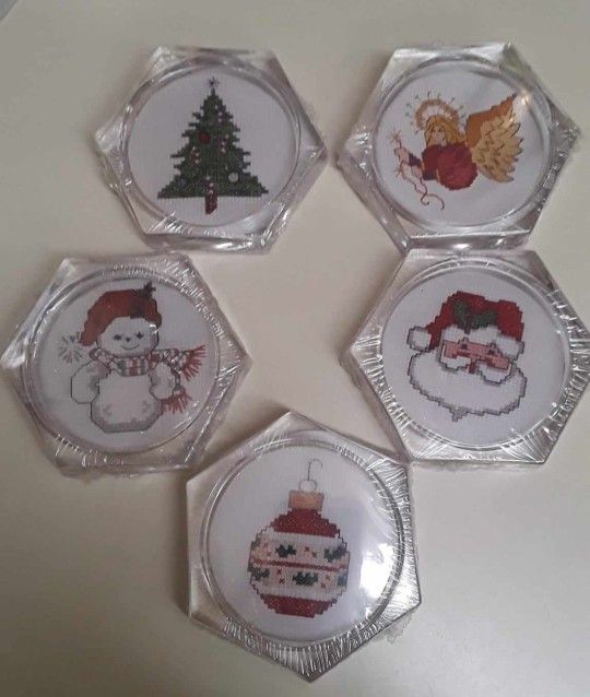 NEW 5 piece lot drink coasters counted cross stitch Christmas kits $10 FIRM