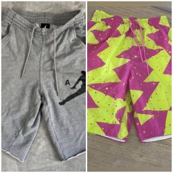 BUNDLE Jordan Retro Poolside All Over Print Shorts sz S Fuchsia Pink Cyber Green & Nike Jordan Jumpman Logo Fleece Shorts Carbon Heather/Black Men's S
