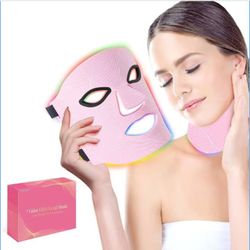 Led Face Mask Light Therapy,Red Light Therapy for Face and Neck,7 Colors LED Facial Skin Care Mask,5 Level Brightness Adjustment,309 LED Beads Can Be