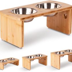 Elevated Dog Bowls, Bamboo Raised Dog Bowl For Medium Dogs, With 2 Stainless Steel Bowls (7'' Tall-40 Oz Bowl, Natural)
