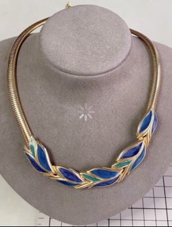 Stunning Vintage Enamel Leaf Necklace | Blue & Green Gold Tone Collar