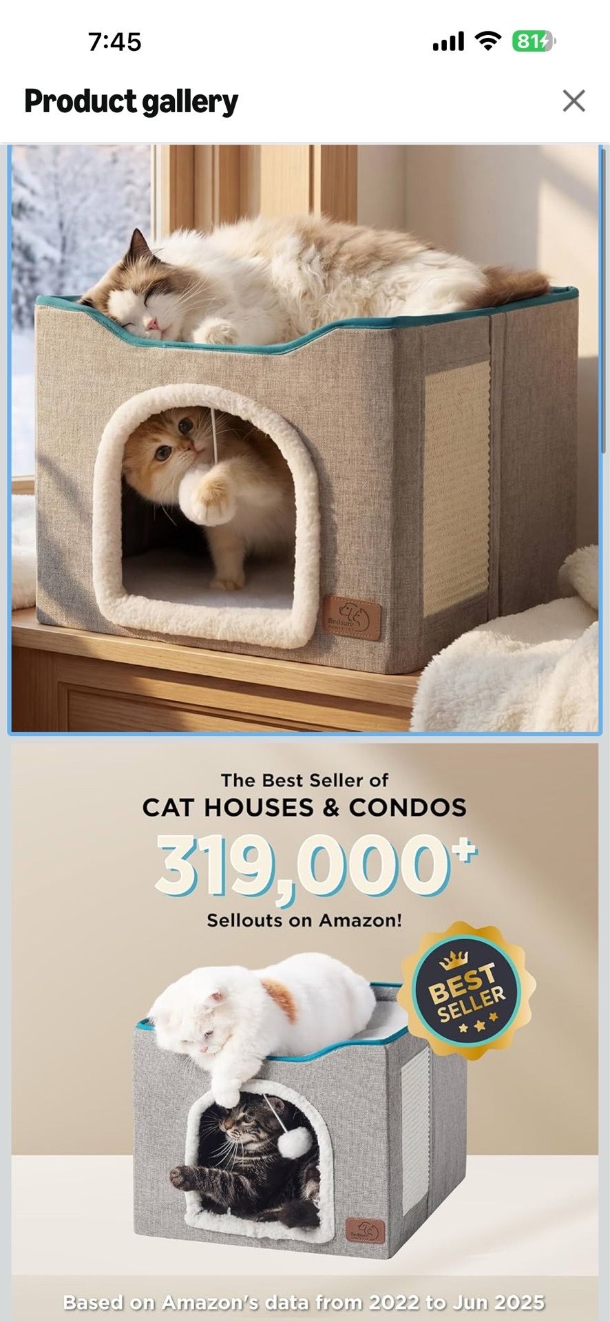 Bedsure Cat Beds for Indoor Cats - Large Cat Cave for Pet Cat House with Fluffy Ball Hanging and Scratch Pad, Foldable Cat Hideaway, 16.5x16.5x13 inch