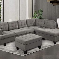 COSTCO Gray Chenille Sectional Couch And Ottoman