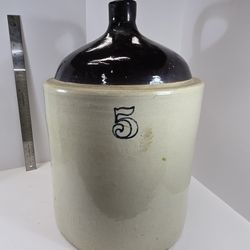 Vintage 5 Gallon Brown And Cream Colored Stoneware Jug With Handle