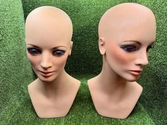 Pair Vintage Fiberglass Female Mannequin Heads Wig Display Blue Eyes Makeup