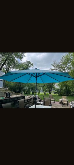 LED Patio Umbrella.  Picture shows LED lights are on.