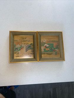 Pair Vintage Japanese Silk Paintings - Kaigado Framed Gold Court Scenes 12x14