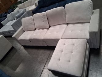 Beige Velvet Modular Sofa w Ottoman Storage
