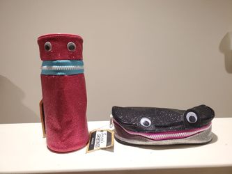 Set of 2 New Sparkly Zipper Pencil Pouches Pink&Black