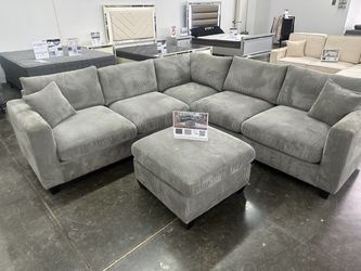 Gray Corduroy Sectional Sofa with Ottoman