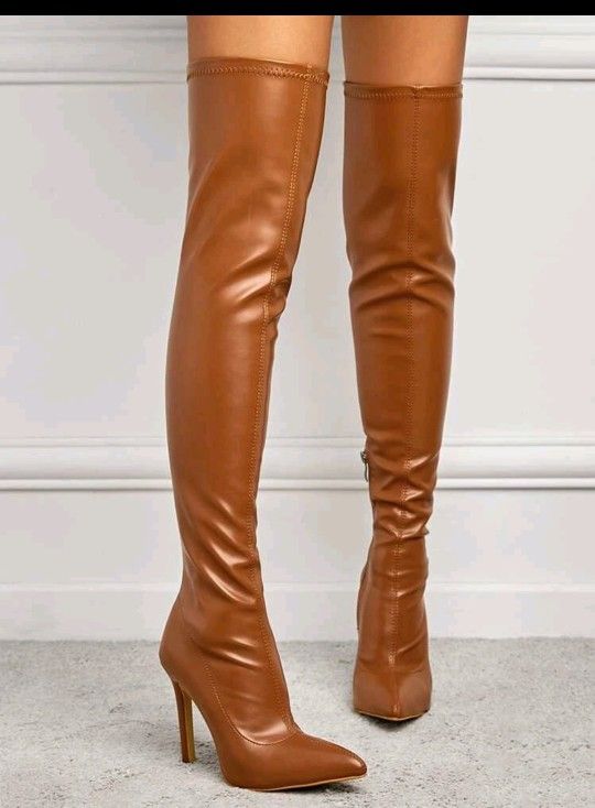 Cognac Thigh High Pointy Toe Boots - Sz 9