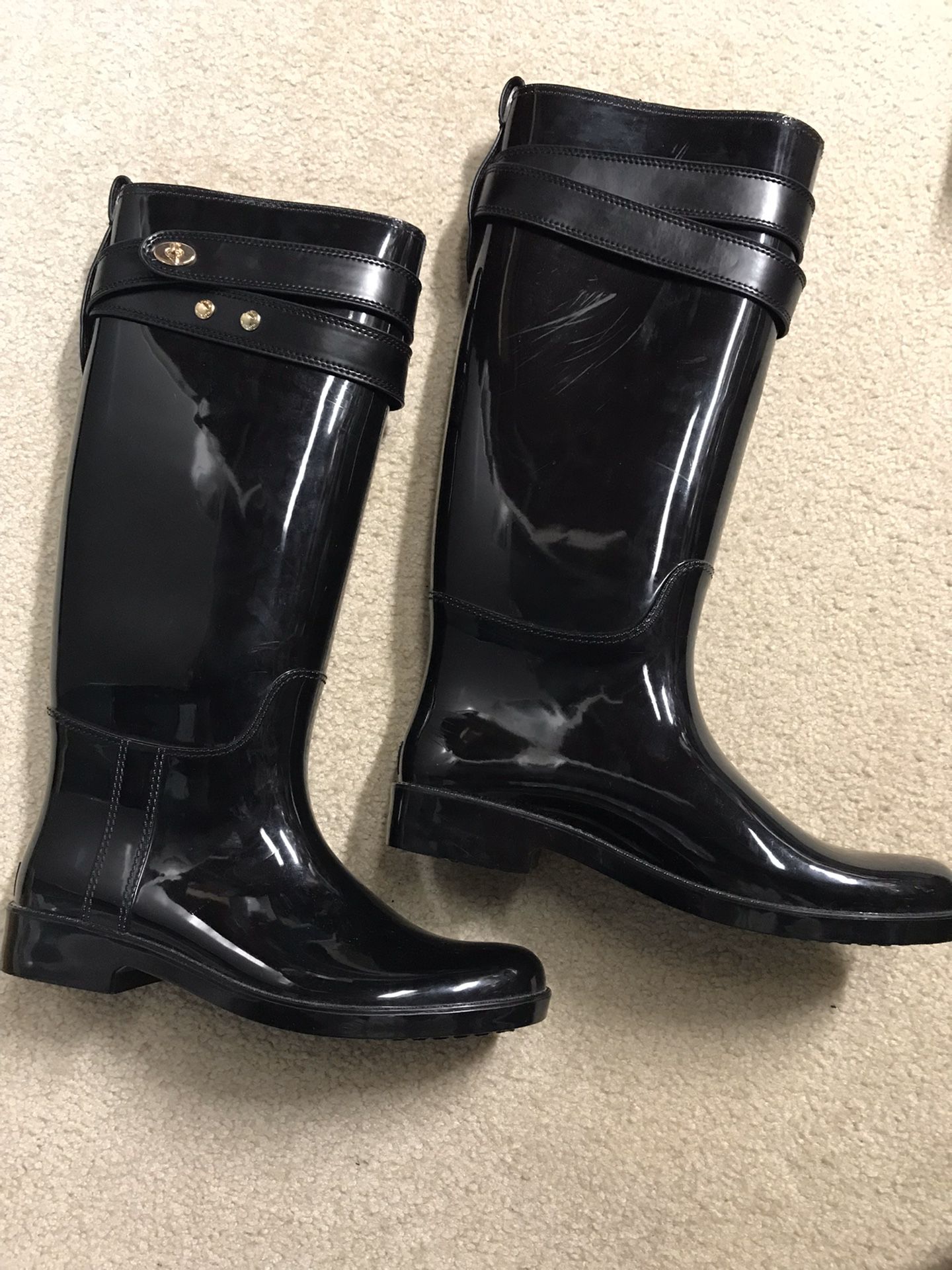 COACH Talia Black Rubber Harness Tall Rain Boots Womens Size 9