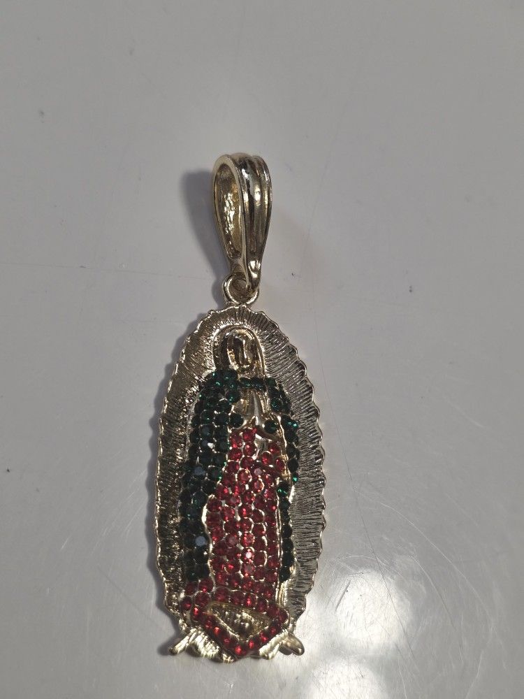 Our Lady Of Guadalupe 14k Gold Plated Pendant W/ Red & Green AAA CZ Stones