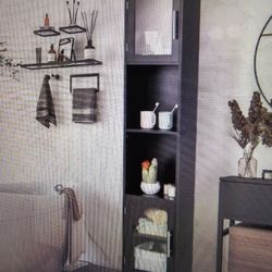 Brand New  Bathroom tall storage cabinet  glass doors, shelves