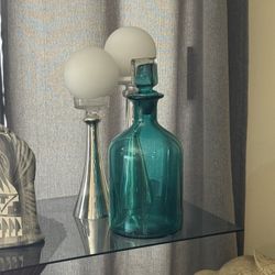 Large Vintage MCM Teal / Turquoise Blown Art Glass Decanter