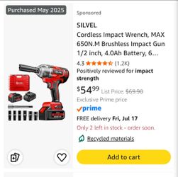 Cordless Impact Wrench, MAX 650N.M Brushless Impact Gun 1/2 inch, 4.0Ah Battery, 6 Sockets, 3300RPM Impact Driver wih Fast Charger