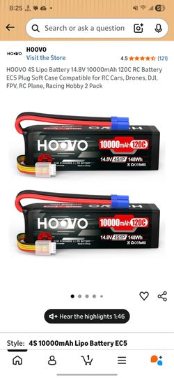 HOOVO 4S Lipo Battery 14.8V 10000mAh 120C RC Battery EC5 Plug Soft Case Compatible for RC Cars, Drones, DJI, FPV, RC Plane, Racing Hobby 2 Pack