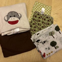 Baby Bedding Lot With Crib Sheet, Receiving Blankets, Plush Blanket And Muslin Blanket