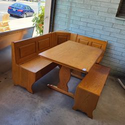 Breakfast Nook Dining Table Set Includes Corner Benches, Extra Bench, And Table