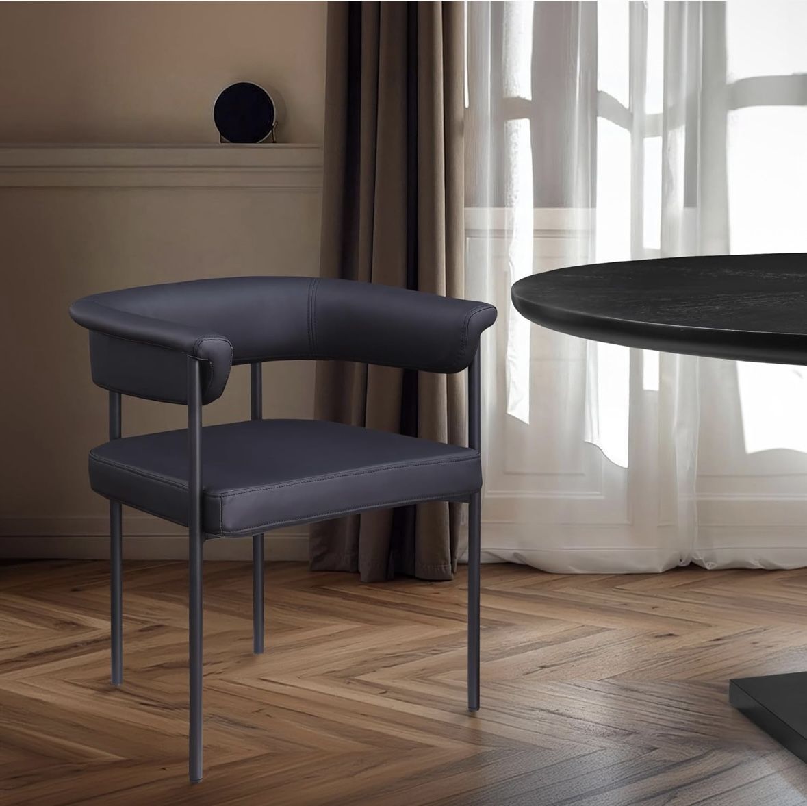 Black-C Malin Collection Modern | Contemporary Dining Chair with Soft Black Vegan Leather, Matte Black Iron Metal Frame, 24.5" W x 21.5" D x 28.5" H,